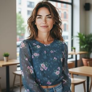 Mi Ami Green and Pink  Floral Crop with sheer sleeves